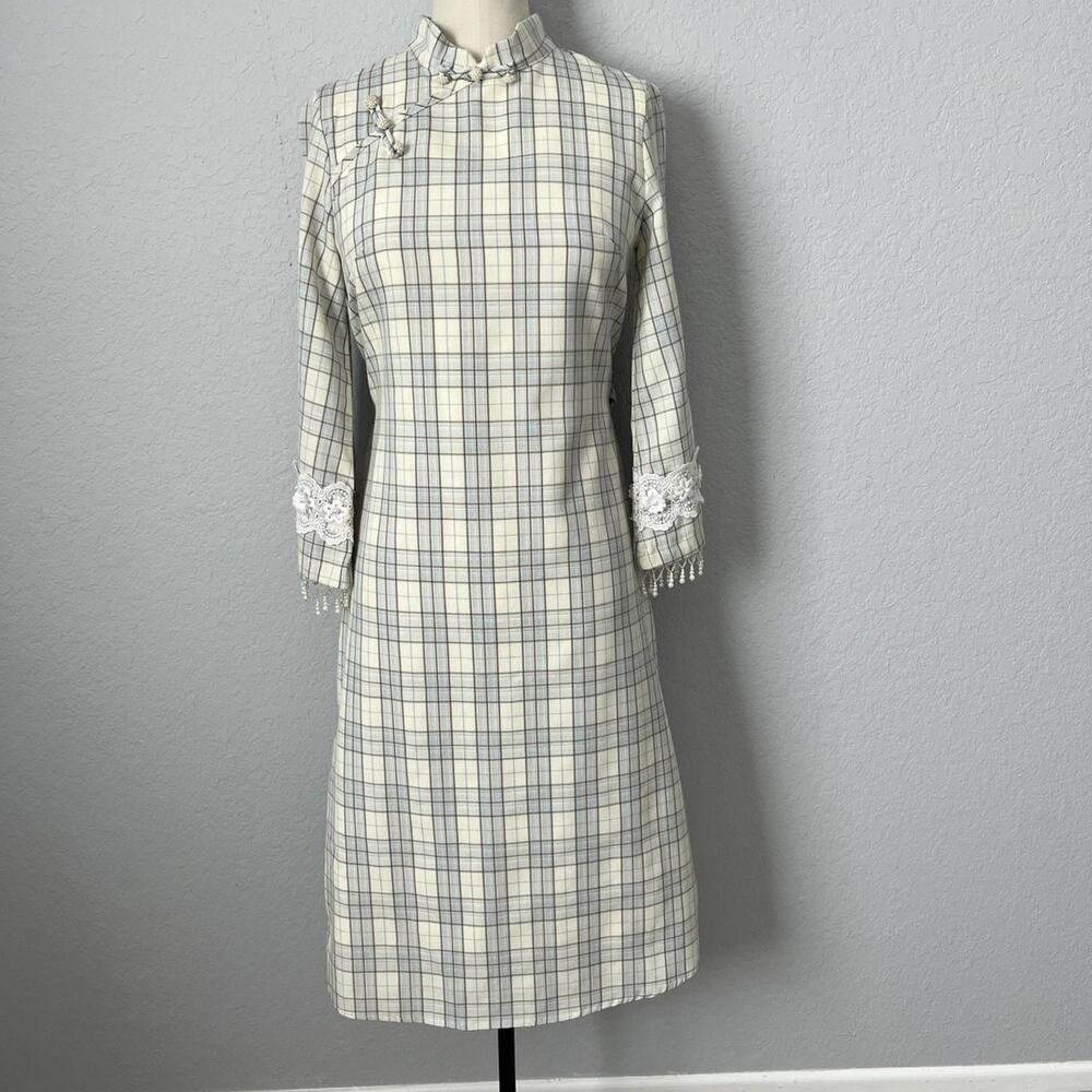Vintage Plaid Cheongsam Midi Dress with Pearl Tassels S